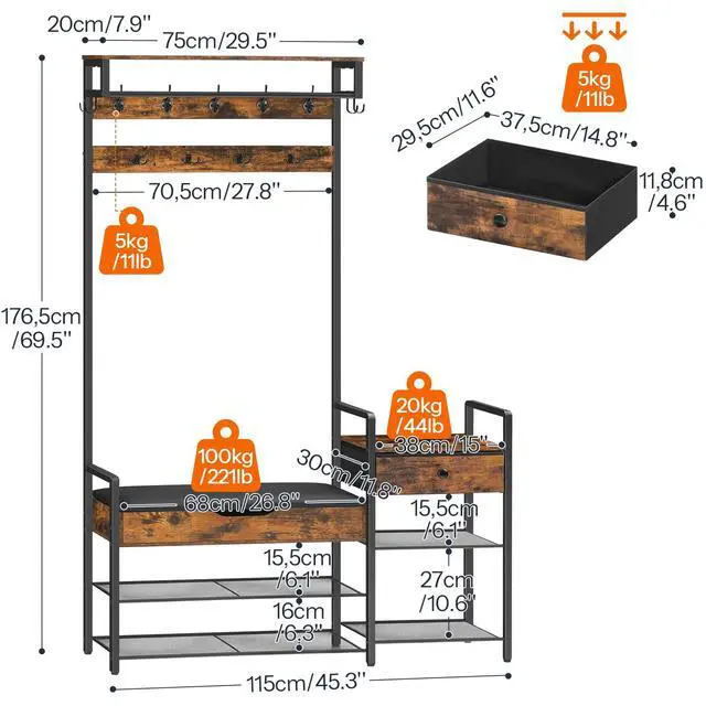 Alt view image 3 of 7 - HOOBRO Hall Tree with Bench, Shoe and Coat Rack for Entryway, Coat Rack with Bench, Flip Top Storage Box, PU Cushioned Seat, Non-Woven Fabric Drawer, for Entrance, Rustic Brown and Black BF110MT01