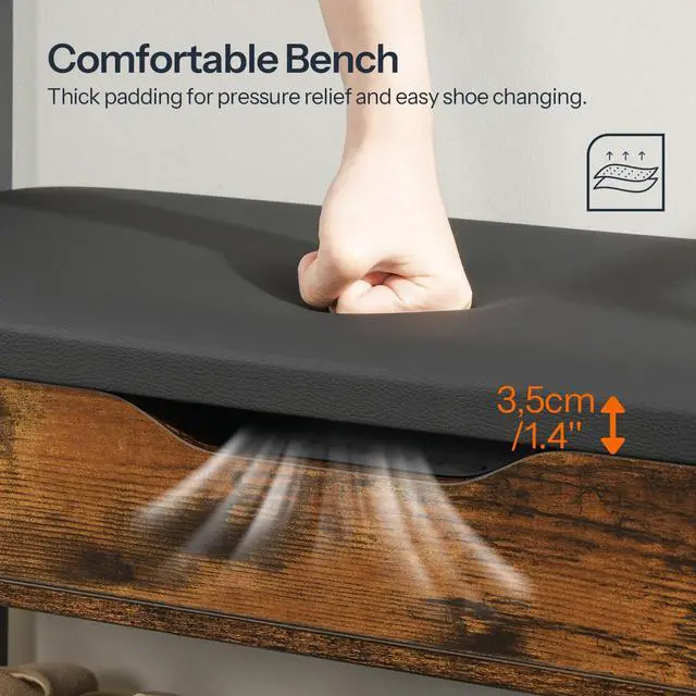 Alt view image 4 of 7 - HOOBRO Hall Tree with Bench, Shoe and Coat Rack for Entryway, Coat Rack with Bench, Flip Top Storage Box, PU Cushioned Seat, Non-Woven Fabric Drawer, for Entrance, Rustic Brown and Black BF110MT01