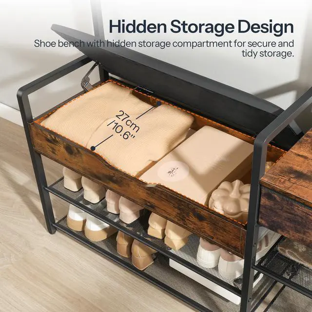 Alt view image 5 of 7 - HOOBRO Hall Tree with Bench, Shoe and Coat Rack for Entryway, Coat Rack with Bench, Flip Top Storage Box, PU Cushioned Seat, Non-Woven Fabric Drawer, for Entrance, Rustic Brown and Black BF110MT01