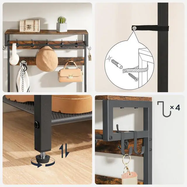 Alt view image 7 of 7 - HOOBRO Hall Tree with Bench, Shoe and Coat Rack for Entryway, Coat Rack with Bench, Flip Top Storage Box, PU Cushioned Seat, Non-Woven Fabric Drawer, for Entrance, Rustic Brown and Black BF110MT01