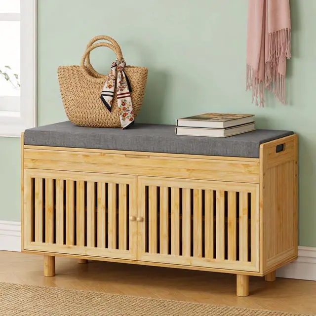 Main image of oakvivo Bamboo 35.4in Shoe Storage Bench with Lift Top Storage & Padded Seat Cushion, 2-Tier Shoe Rack Cabinet with 2 Doors for Entryway, Living Room, Bedroom, Mudroom, Natural