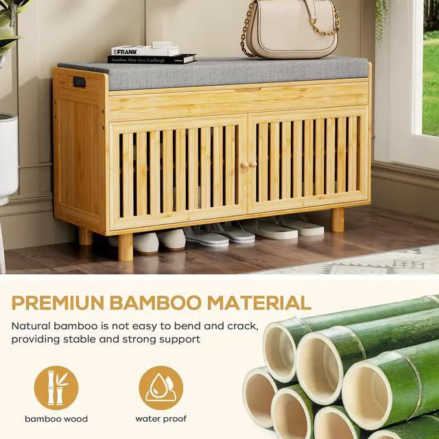 Alt view image 2 of 7 - oakvivo Bamboo 35.4in Shoe Storage Bench with Lift Top Storage & Padded Seat Cushion, 2-Tier Shoe Rack Cabinet with 2 Doors for Entryway, Living Room, Bedroom, Mudroom, Natural