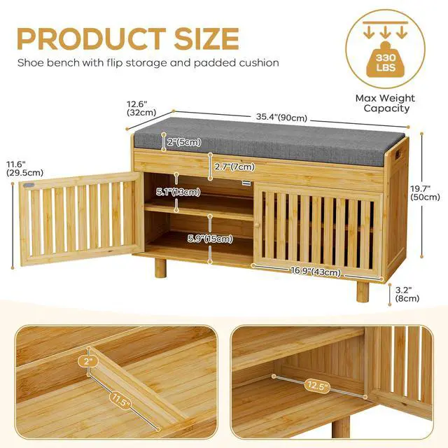 Alt view image 3 of 7 - oakvivo Bamboo 35.4in Shoe Storage Bench with Lift Top Storage & Padded Seat Cushion, 2-Tier Shoe Rack Cabinet with 2 Doors for Entryway, Living Room, Bedroom, Mudroom, Natural