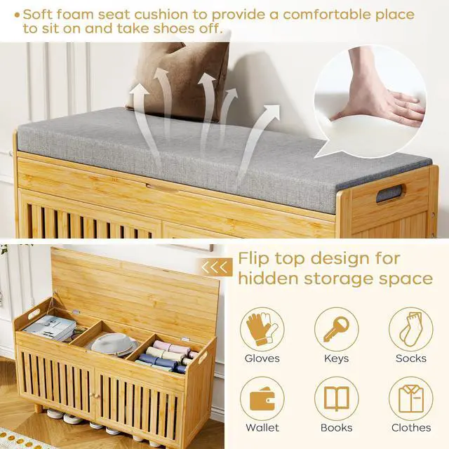 Alt view image 4 of 7 - oakvivo Bamboo 35.4in Shoe Storage Bench with Lift Top Storage & Padded Seat Cushion, 2-Tier Shoe Rack Cabinet with 2 Doors for Entryway, Living Room, Bedroom, Mudroom, Natural