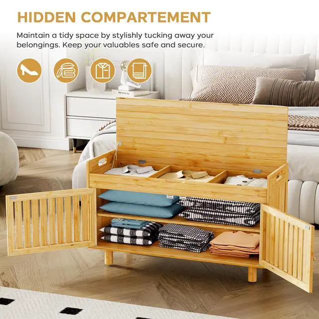 Alt view image 5 of 7 - oakvivo Bamboo 35.4in Shoe Storage Bench with Lift Top Storage & Padded Seat Cushion, 2-Tier Shoe Rack Cabinet with 2 Doors for Entryway, Living Room, Bedroom, Mudroom, Natural
