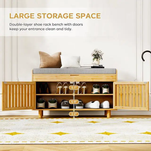 Alt view image 6 of 7 - oakvivo Bamboo 35.4in Shoe Storage Bench with Lift Top Storage & Padded Seat Cushion, 2-Tier Shoe Rack Cabinet with 2 Doors for Entryway, Living Room, Bedroom, Mudroom, Natural