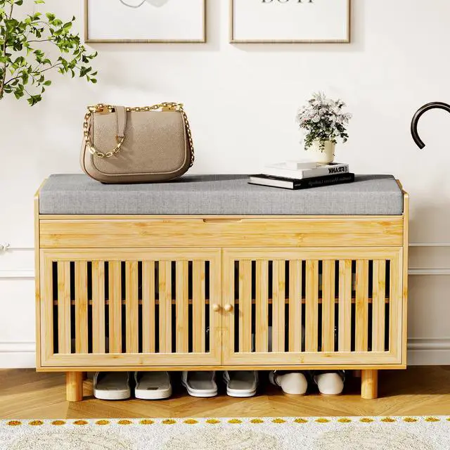 Alt view image 7 of 7 - oakvivo Bamboo 35.4in Shoe Storage Bench with Lift Top Storage & Padded Seat Cushion, 2-Tier Shoe Rack Cabinet with 2 Doors for Entryway, Living Room, Bedroom, Mudroom, Natural