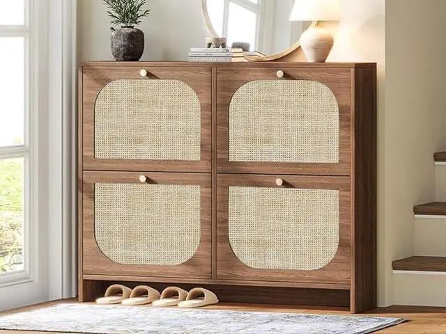 Main image of Nicetree Freestanding Ultra Slim Arched Rattan Accent Shoe Storage Cabinet for Entryway - 4 Flip Drawers & 3-Tier Adjustable Shelves, Farmhouse Modern Rustic Shoe Rack for Hallway, Foyer Oak