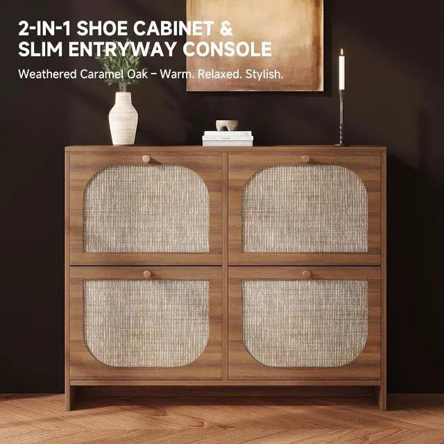 Alt view image 2 of 7 - Nicetree Freestanding Ultra Slim Arched Rattan Accent Shoe Storage Cabinet for Entryway - 4 Flip Drawers & 3-Tier Adjustable Shelves, Farmhouse Modern Rustic Shoe Rack for Hallway, Foyer Oak