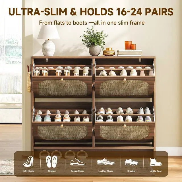 Alt view image 4 of 7 - Nicetree Freestanding Ultra Slim Arched Rattan Accent Shoe Storage Cabinet for Entryway - 4 Flip Drawers & 3-Tier Adjustable Shelves, Farmhouse Modern Rustic Shoe Rack for Hallway, Foyer Oak