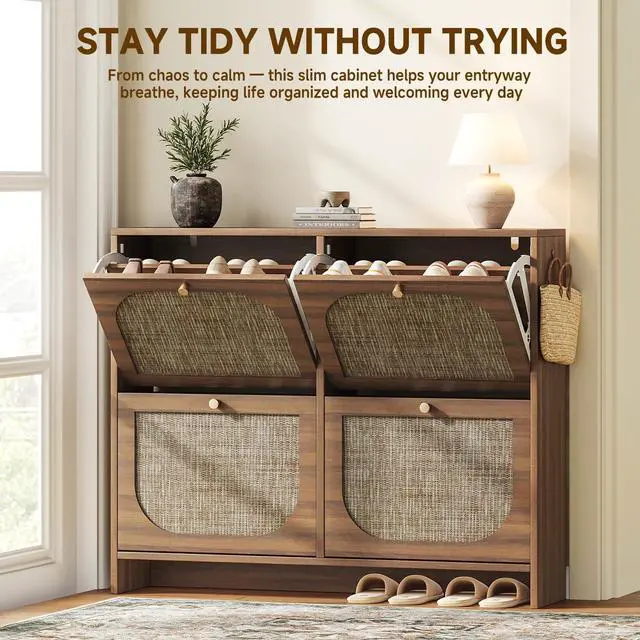 Alt view image 6 of 7 - Nicetree Freestanding Ultra Slim Arched Rattan Accent Shoe Storage Cabinet for Entryway - 4 Flip Drawers & 3-Tier Adjustable Shelves, Farmhouse Modern Rustic Shoe Rack for Hallway, Foyer Oak