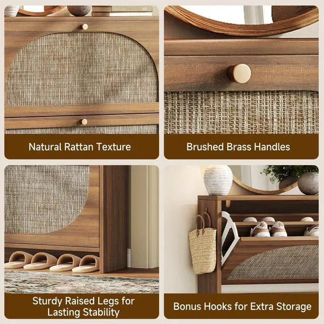 Alt view image 7 of 7 - Nicetree Freestanding Ultra Slim Arched Rattan Accent Shoe Storage Cabinet for Entryway - 4 Flip Drawers & 3-Tier Adjustable Shelves, Farmhouse Modern Rustic Shoe Rack for Hallway, Foyer Oak