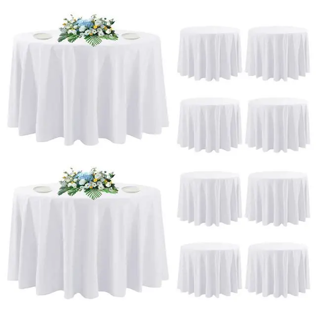 Main image of DAKKIONY 10 Pack Round Tablecloth White 120 Inch, Stain Resistant and Wrinkle Polyester Fabric, Washable Table Cover for Kitchen Dining, Wedding, Buffet Table, Holiday Party