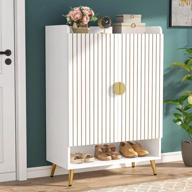 Main image of Tribesigns Shoe Cabinet with Doors, 6-Tier Shoe Storage Cabinet with Adjustable Shelves, Wooden Shoes Rack Shoe Storage Organizer for Entryway, Hallway, Closet, Living Room, White & Gold