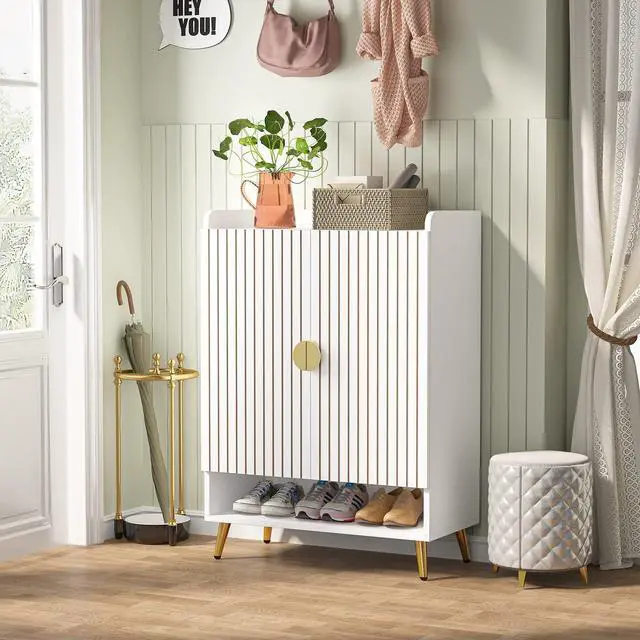 Alt view image 3 of 7 - Tribesigns Shoe Cabinet with Doors, 6-Tier Shoe Storage Cabinet with Adjustable Shelves, Wooden Shoes Rack Shoe Storage Organizer for Entryway, Hallway, Closet, Living Room, White & Gold
