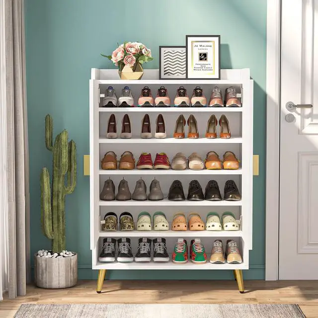 Alt view image 4 of 7 - Tribesigns Shoe Cabinet with Doors, 6-Tier Shoe Storage Cabinet with Adjustable Shelves, Wooden Shoes Rack Shoe Storage Organizer for Entryway, Hallway, Closet, Living Room, White & Gold