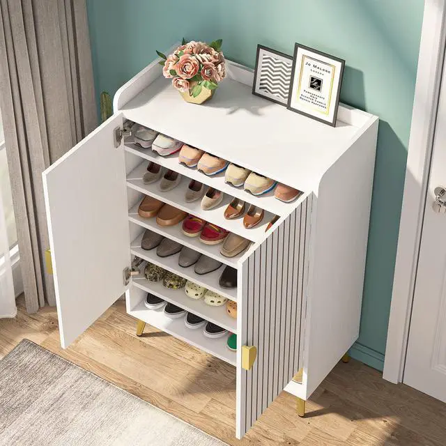 Alt view image 5 of 7 - Tribesigns Shoe Cabinet with Doors, 6-Tier Shoe Storage Cabinet with Adjustable Shelves, Wooden Shoes Rack Shoe Storage Organizer for Entryway, Hallway, Closet, Living Room, White & Gold