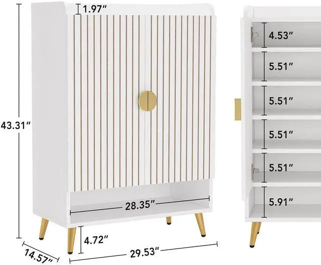 Alt view image 6 of 7 - Tribesigns Shoe Cabinet with Doors, 6-Tier Shoe Storage Cabinet with Adjustable Shelves, Wooden Shoes Rack Shoe Storage Organizer for Entryway, Hallway, Closet, Living Room, White & Gold