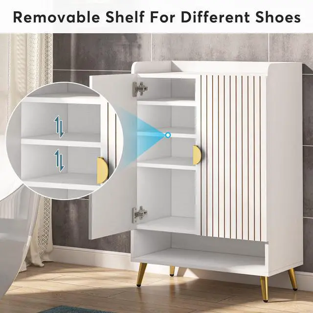 Alt view image 7 of 7 - Tribesigns Shoe Cabinet with Doors, 6-Tier Shoe Storage Cabinet with Adjustable Shelves, Wooden Shoes Rack Shoe Storage Organizer for Entryway, Hallway, Closet, Living Room, White & Gold