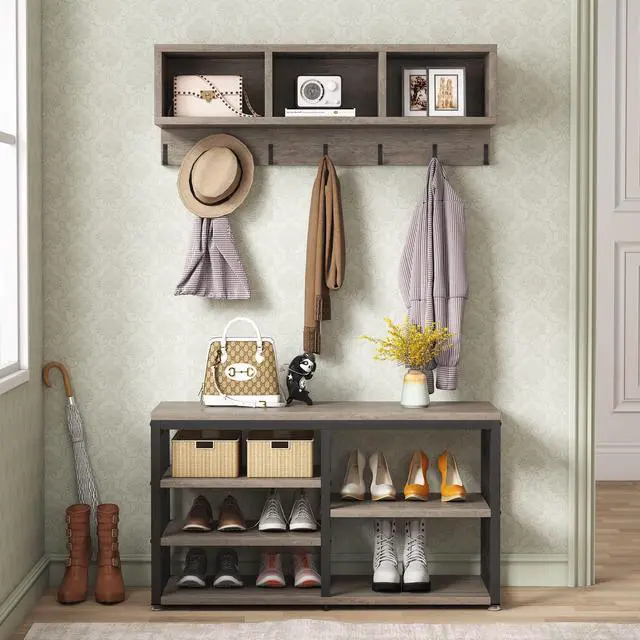 Main image of Tribesigns Coat Rack Shoe Bench Set Industrial, Hall Tree with 3 Storage Cubbies, 7 Hooks for Entryway, Hallway, 5-in-1Design, Vintage Grey