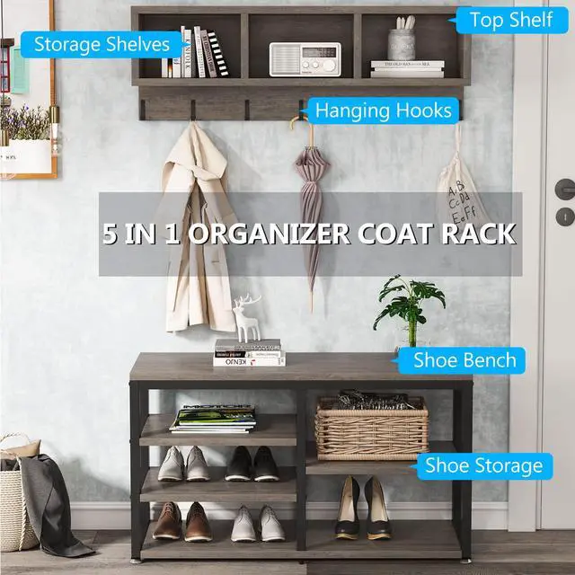 Alt view image 7 of 7 - Tribesigns Coat Rack Shoe Bench Set Industrial, Hall Tree with 3 Storage Cubbies, 7 Hooks for Entryway, Hallway, 5-in-1Design, Vintage Grey