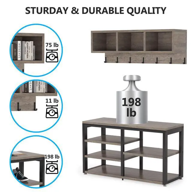 Alt view image 4 of 7 - Tribesigns Coat Rack Shoe Bench Set Industrial, Hall Tree with 3 Storage Cubbies, 7 Hooks for Entryway, Hallway, 5-in-1Design, Vintage Grey