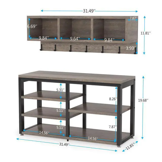 Alt view image 6 of 7 - Tribesigns Coat Rack Shoe Bench Set Industrial, Hall Tree with 3 Storage Cubbies, 7 Hooks for Entryway, Hallway, 5-in-1Design, Vintage Grey