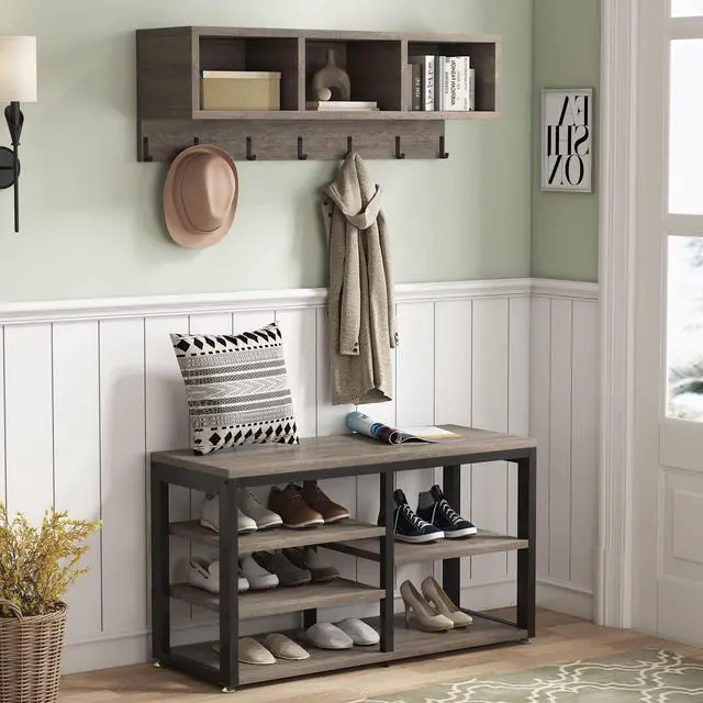Alt view image 2 of 7 - Tribesigns Coat Rack Shoe Bench Set Industrial, Hall Tree with 3 Storage Cubbies, 7 Hooks for Entryway, Hallway, 5-in-1Design, Vintage Grey