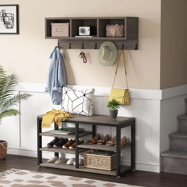 Alt view image 3 of 7 - Tribesigns Coat Rack Shoe Bench Set Industrial, Hall Tree with 3 Storage Cubbies, 7 Hooks for Entryway, Hallway, 5-in-1Design, Vintage Grey
