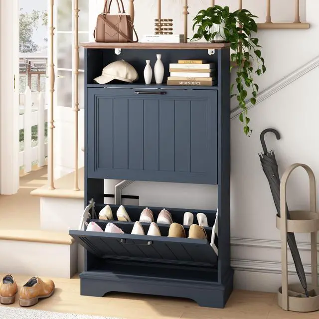 Main image of Shoe Storage Cabinet with 2 Flip Drawers, 24" W Farmhouse Modern Hidden Shoes Rack with Adjustable Shelves & Open Storage, Narrow Slim Shoe Organizer for Front Door Entrance, Entryway, Navy Blue