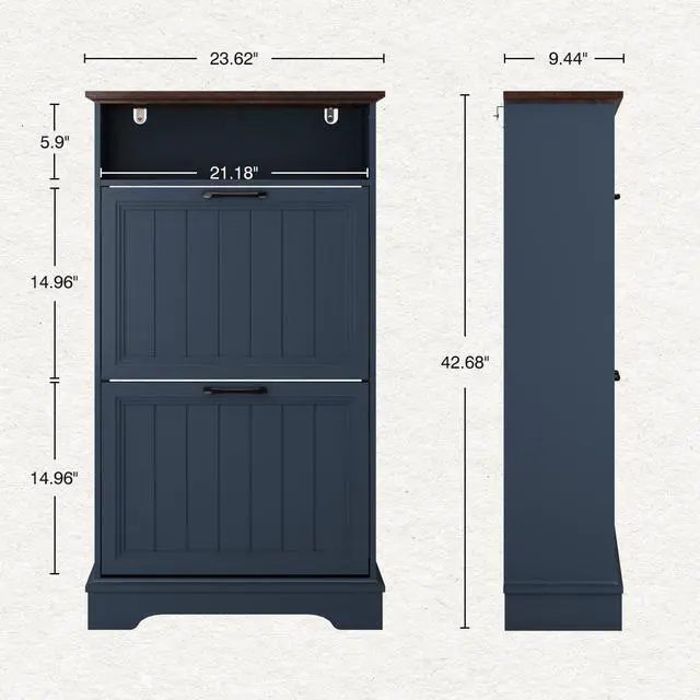 Alt view image 2 of 7 - Shoe Storage Cabinet with 2 Flip Drawers, 24" W Farmhouse Modern Hidden Shoes Rack with Adjustable Shelves & Open Storage, Narrow Slim Shoe Organizer for Front Door Entrance, Entryway, Navy Blue