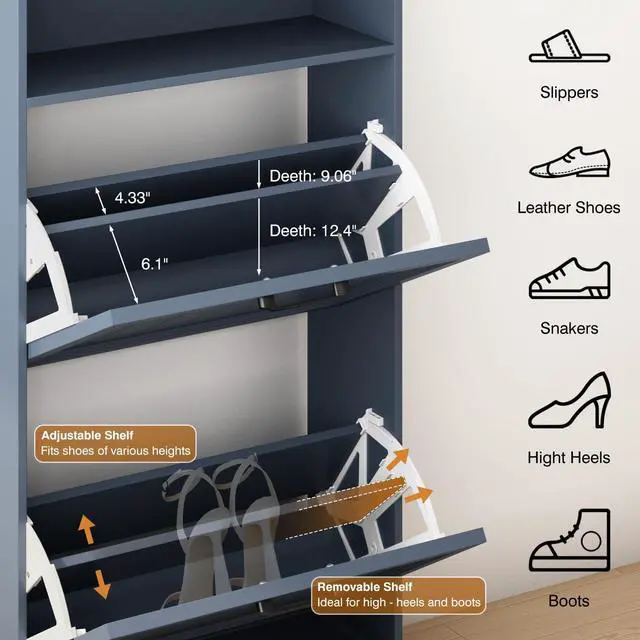 Alt view image 3 of 7 - Shoe Storage Cabinet with 2 Flip Drawers, 24" W Farmhouse Modern Hidden Shoes Rack with Adjustable Shelves & Open Storage, Narrow Slim Shoe Organizer for Front Door Entrance, Entryway, Navy Blue