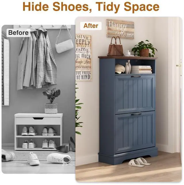Alt view image 4 of 7 - Shoe Storage Cabinet with 2 Flip Drawers, 24" W Farmhouse Modern Hidden Shoes Rack with Adjustable Shelves & Open Storage, Narrow Slim Shoe Organizer for Front Door Entrance, Entryway, Navy Blue