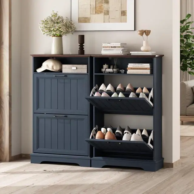 Alt view image 6 of 7 - Shoe Storage Cabinet with 2 Flip Drawers, 24" W Farmhouse Modern Hidden Shoes Rack with Adjustable Shelves & Open Storage, Narrow Slim Shoe Organizer for Front Door Entrance, Entryway, Navy Blue