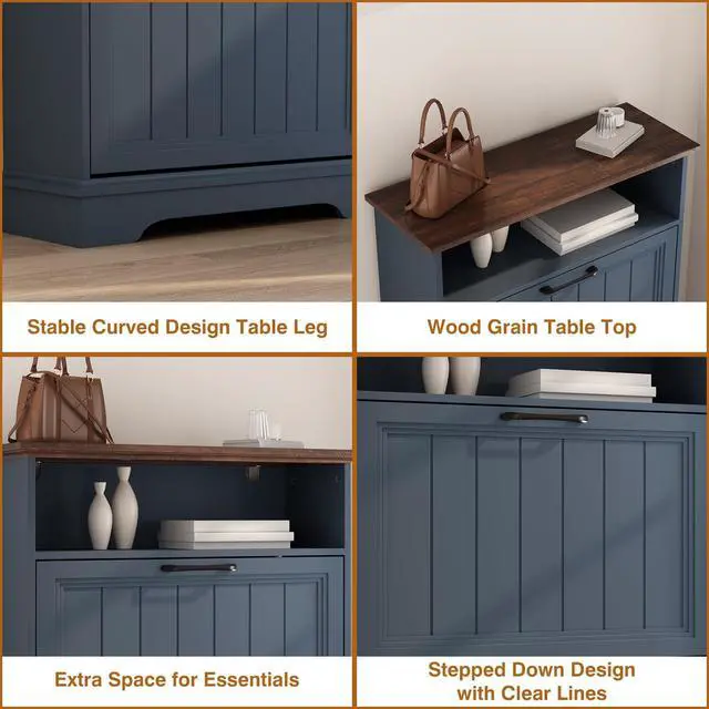 Alt view image 7 of 7 - Shoe Storage Cabinet with 2 Flip Drawers, 24" W Farmhouse Modern Hidden Shoes Rack with Adjustable Shelves & Open Storage, Narrow Slim Shoe Organizer for Front Door Entrance, Entryway, Navy Blue