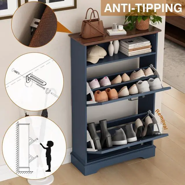 Alt view image 5 of 7 - Shoe Storage Cabinet with 2 Flip Drawers, 24" W Farmhouse Modern Hidden Shoes Rack with Adjustable Shelves & Open Storage, Narrow Slim Shoe Organizer for Front Door Entrance, Entryway, Navy Blue