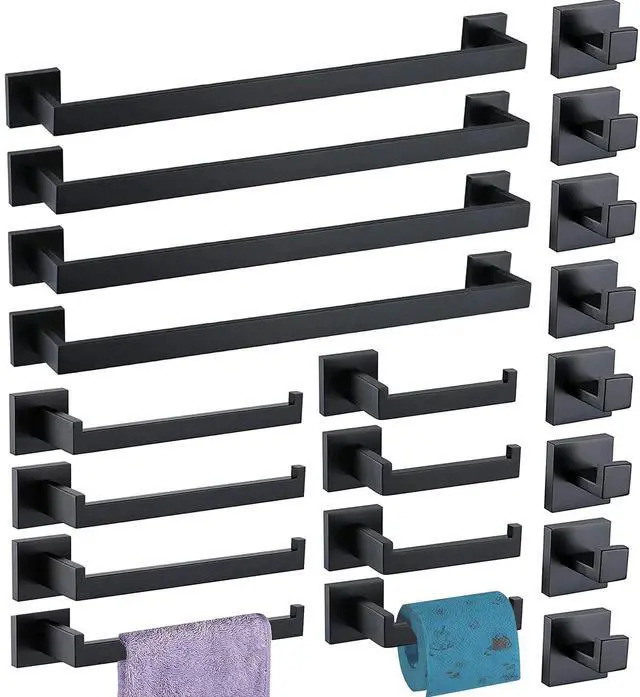 Main image of Bathroom Hardware Set 20 Piece Matte Black Bathroom Accessories Set SUS304 Towel Bar Set Includes 4 Towel Bar 24 Inch+4 Towel Holder+4 Toilet Paper Holder+8 Towel Hooks (20, Matte Black, 24 Inch)