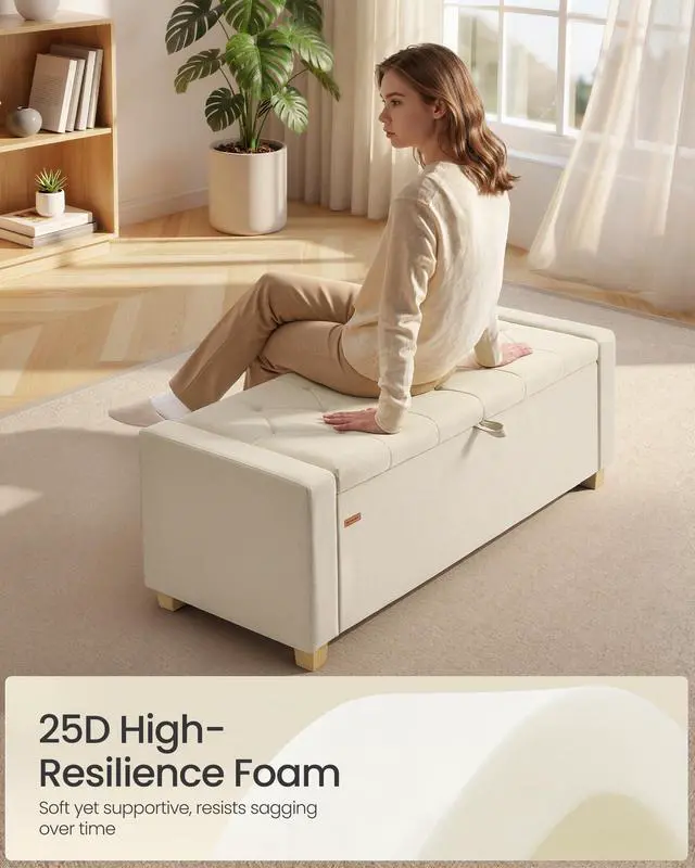 Alt view image 4 of 7 - SONGMICS Storage Ottoman, Storage Chest Bench with Legs, End of Bed Bench with Safety Hinges, Pull Tab, for Living Room, Bedroom, 19.7 x 47.6 x 16.5 Inches, Linen-Look Fabric, Summer Sand ULOM511LF01