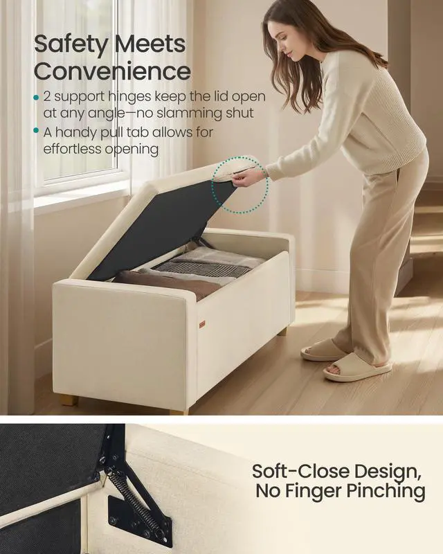 Alt view image 2 of 7 - SONGMICS Storage Ottoman, Storage Chest Bench with Legs, End of Bed Bench with Safety Hinges, Pull Tab, for Living Room, Bedroom, 19.7 x 47.6 x 16.5 Inches, Linen-Look Fabric, Summer Sand ULOM511LF01