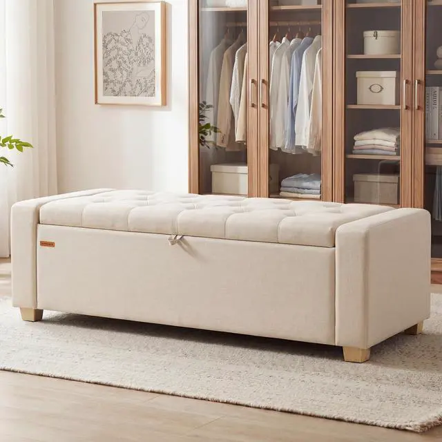 Main image of SONGMICS Storage Ottoman, Storage Chest Bench with Legs, End of Bed Bench with Safety Hinges, Pull Tab, for Living Room, Bedroom, 19.7 x 47.6 x 16.5 Inches, Linen-Look Fabric, Summer Sand ULOM511LF01