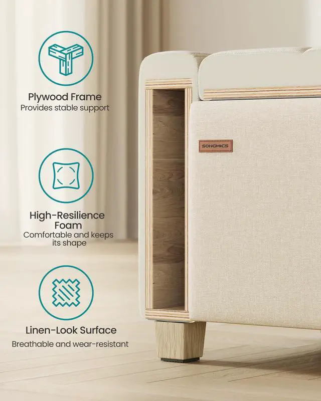 Alt view image 5 of 7 - SONGMICS Storage Ottoman, Storage Chest Bench with Legs, End of Bed Bench with Safety Hinges, Pull Tab, for Living Room, Bedroom, 19.7 x 47.6 x 16.5 Inches, Linen-Look Fabric, Summer Sand ULOM511LF01