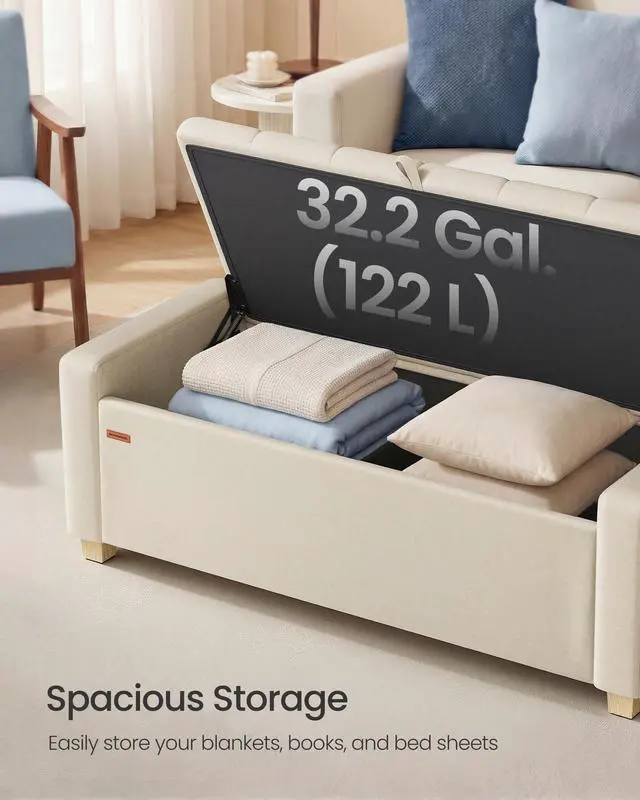 Alt view image 3 of 7 - SONGMICS Storage Ottoman, Storage Chest Bench with Legs, End of Bed Bench with Safety Hinges, Pull Tab, for Living Room, Bedroom, 19.7 x 47.6 x 16.5 Inches, Linen-Look Fabric, Summer Sand ULOM511LF01