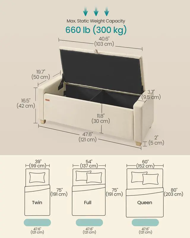 Alt view image 6 of 7 - SONGMICS Storage Ottoman, Storage Chest Bench with Legs, End of Bed Bench with Safety Hinges, Pull Tab, for Living Room, Bedroom, 19.7 x 47.6 x 16.5 Inches, Linen-Look Fabric, Summer Sand ULOM511LF01