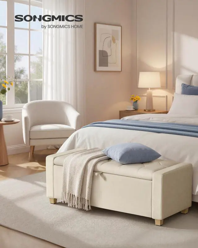 Alt view image 7 of 7 - SONGMICS Storage Ottoman, Storage Chest Bench with Legs, End of Bed Bench with Safety Hinges, Pull Tab, for Living Room, Bedroom, 19.7 x 47.6 x 16.5 Inches, Linen-Look Fabric, Summer Sand ULOM511LF01