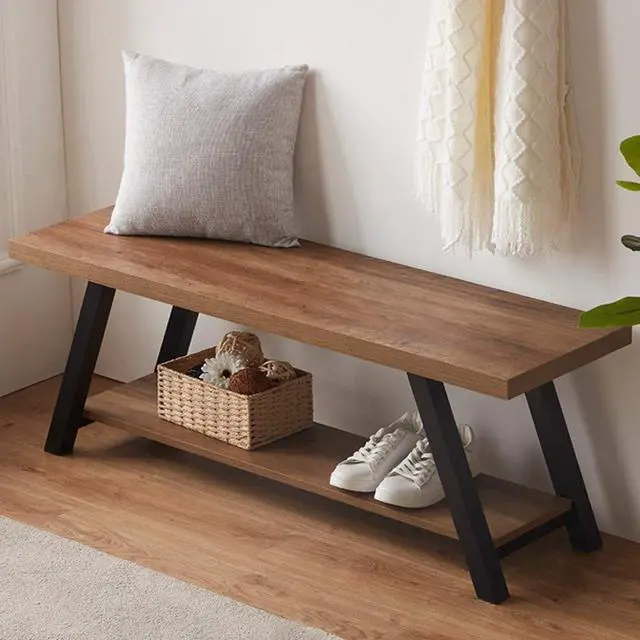Alt view image 2 of 7 - LVB Industrial Entryway Bench, Wood and Metal Storage Bench for Living Dining Room, Farmhouse Indoor Entry Way Shoe Benches Seat, Rustic Oak, 47 Inch Long