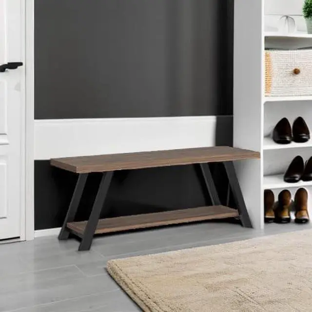Alt view image 5 of 7 - LVB Industrial Entryway Bench, Wood and Metal Storage Bench for Living Dining Room, Farmhouse Indoor Entry Way Shoe Benches Seat, Rustic Oak, 47 Inch Long