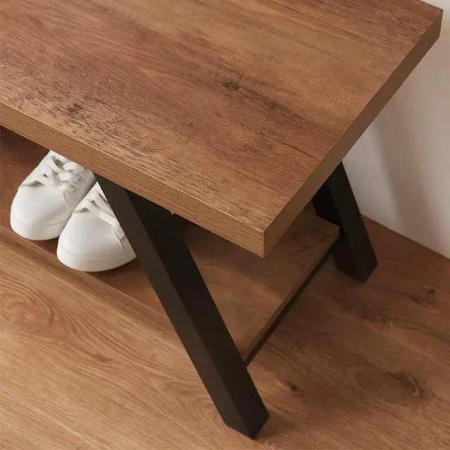 Alt view image 4 of 7 - LVB Industrial Entryway Bench, Wood and Metal Storage Bench for Living Dining Room, Farmhouse Indoor Entry Way Shoe Benches Seat, Rustic Oak, 47 Inch Long