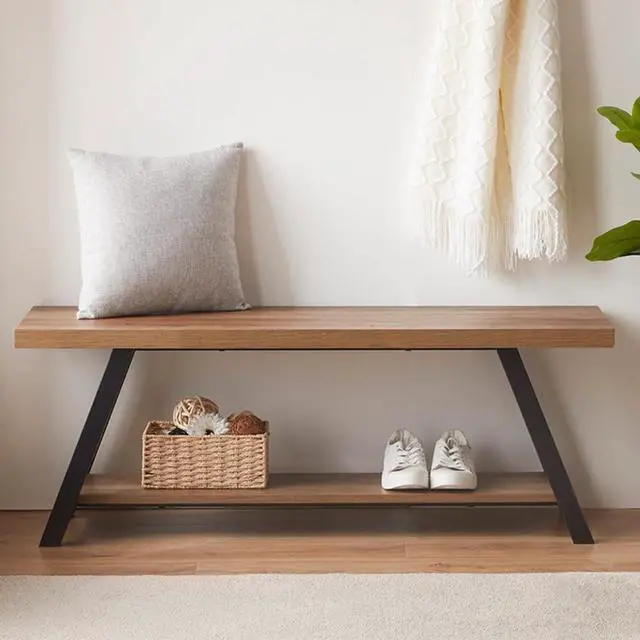 Alt view image 6 of 7 - LVB Industrial Entryway Bench, Wood and Metal Storage Bench for Living Dining Room, Farmhouse Indoor Entry Way Shoe Benches Seat, Rustic Oak, 47 Inch Long