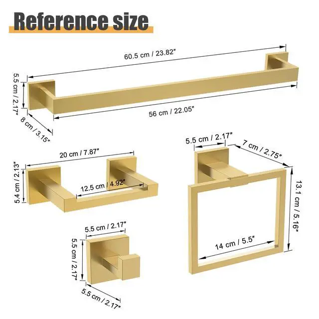 Alt view image 7 of 7 - TURS 10-Piece Bathroom Hardware Accessories Set Brushed Gold Towel Bar Holder Set SUS304 Stainless Steel Towel Racks for Bathroom Wall Mounted, 23.6-Inch