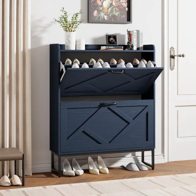 Main image of Nicetree Shoe Storage Cabinet, Shoe Cabinet with 2 Flip Drawers, Narrow Shoe Rack Cabinet, Farmhouse Slim Shoe Cabinet Storage for Entryway,Blue